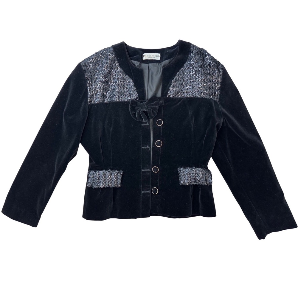 Harvey Nichols Vintage Black Velvet Sequin Evening Jacket Bow Detail Women L